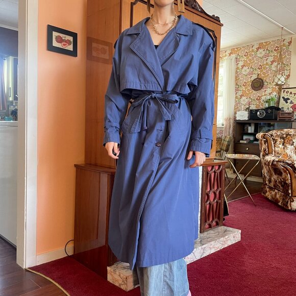 1980s classic double breasted belted periwinkle long trench coat! - Picture 7 of 16